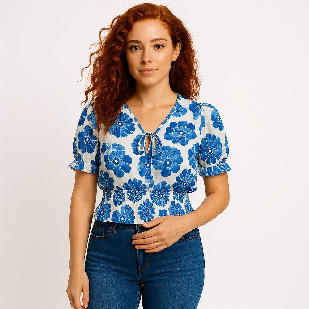 Blousology Blue & White Floral Surplice Tie Chest Ruffled Blouse Women's XS NEW